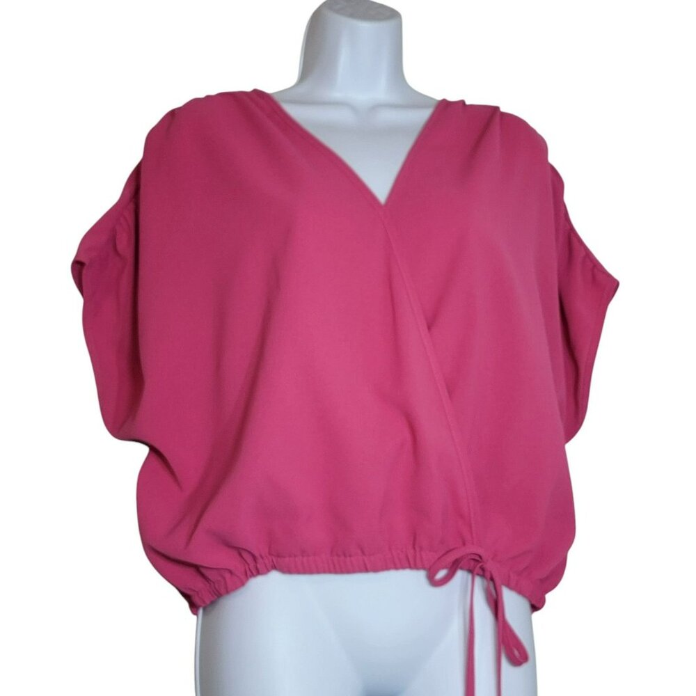 Dreimp Faux Wrap Top, Women L, Hot Pink, Dolman Sleeve, Elastic Waist, 90's, EUC